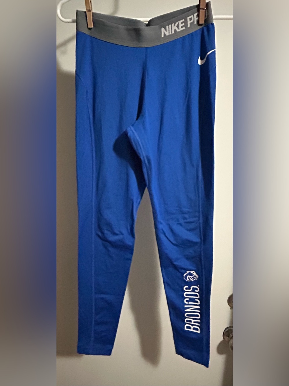 Nike Dri-Fit Blue Broncos Logo Leggings with Gray Waistband